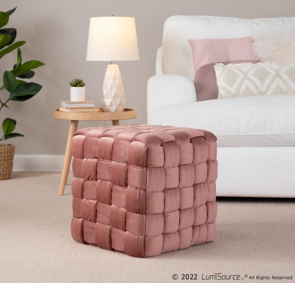 LumiSource Square 16 Inch Braided Contemporary Blush Pink Velvet Ottoman