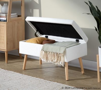 LumiSource Storage Contemporary Natural Wood and Cream Fabric Bench