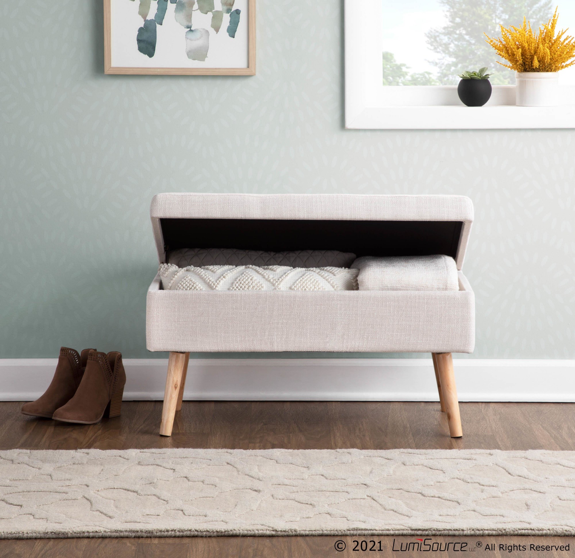 LumiSource Storage Natural Wood Beige Fabric Contemporary Bench 2 LumiSource Storage Natural Wood Beige Fabric Contemporary Bench - Image 2
