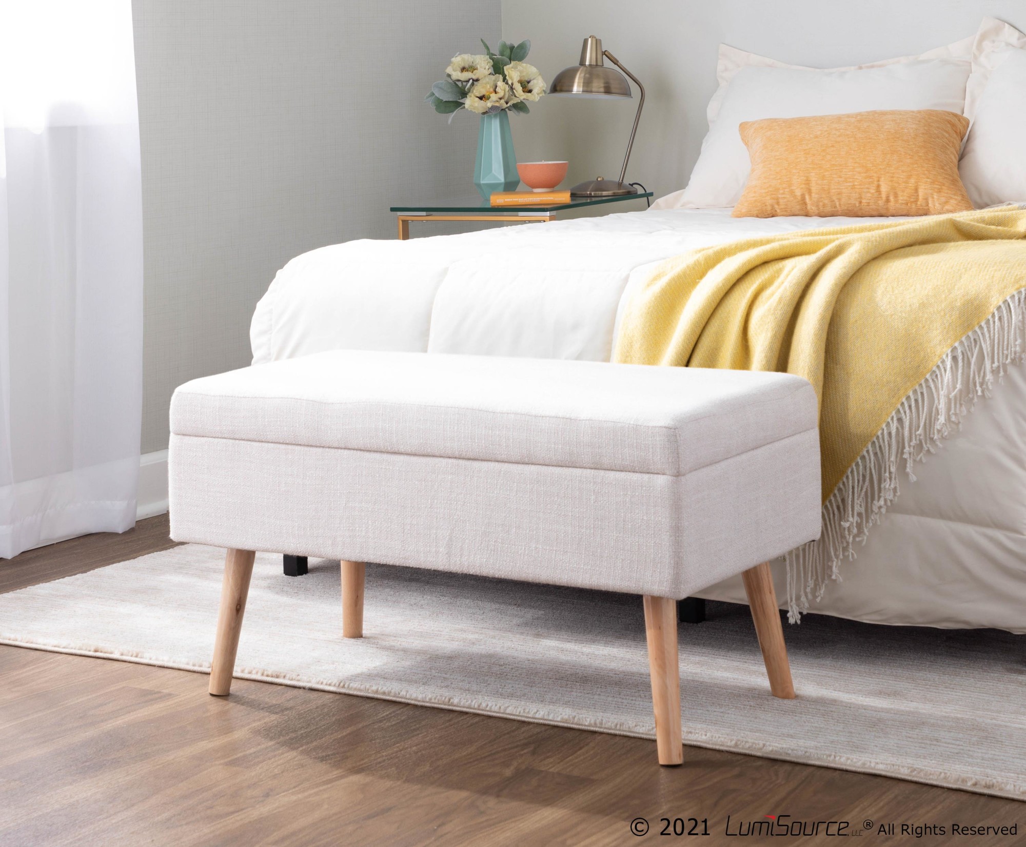 LumiSource Storage Natural Wood Beige Fabric Contemporary Bench 3 LumiSource Storage Natural Wood Beige Fabric Contemporary Bench - Image 3