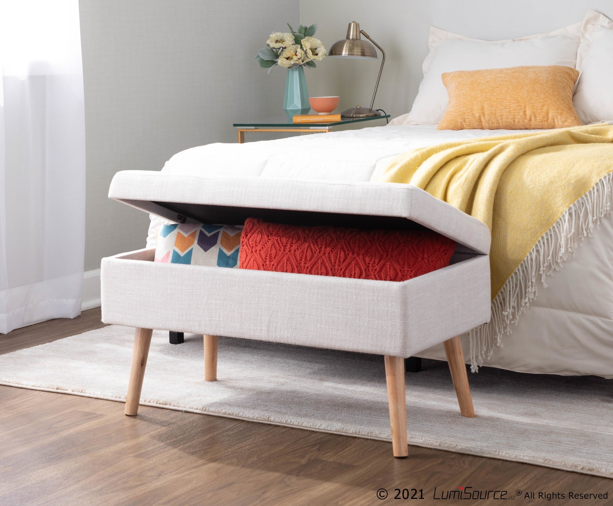 LumiSource Storage Natural Wood Beige Fabric Contemporary Bench 4 LumiSource Storage Natural Wood Beige Fabric Contemporary Bench - Image 4