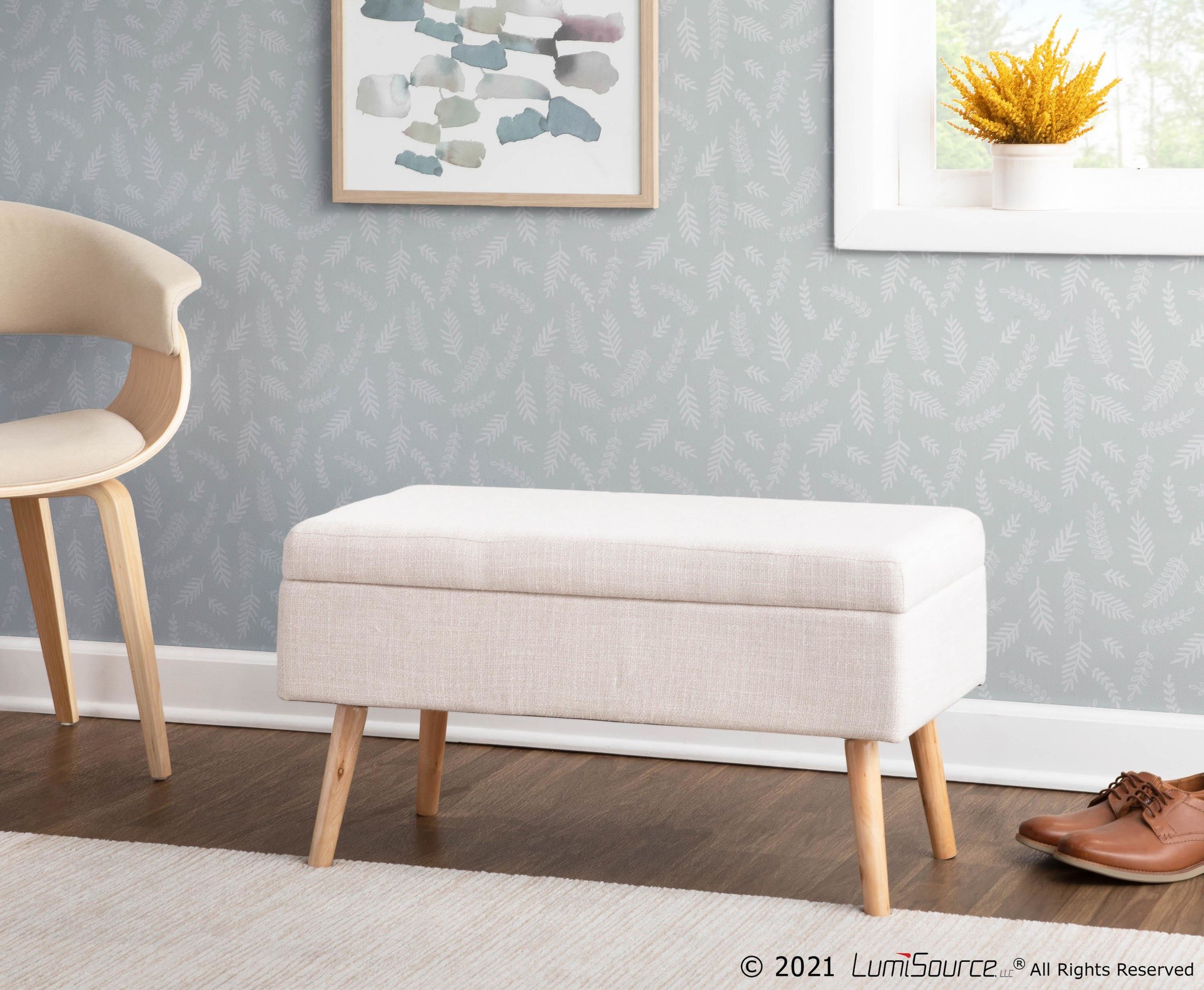 LumiSource Storage Natural Wood Beige Fabric Contemporary Bench 5 LumiSource Storage Natural Wood Beige Fabric Contemporary Bench - Image 5
