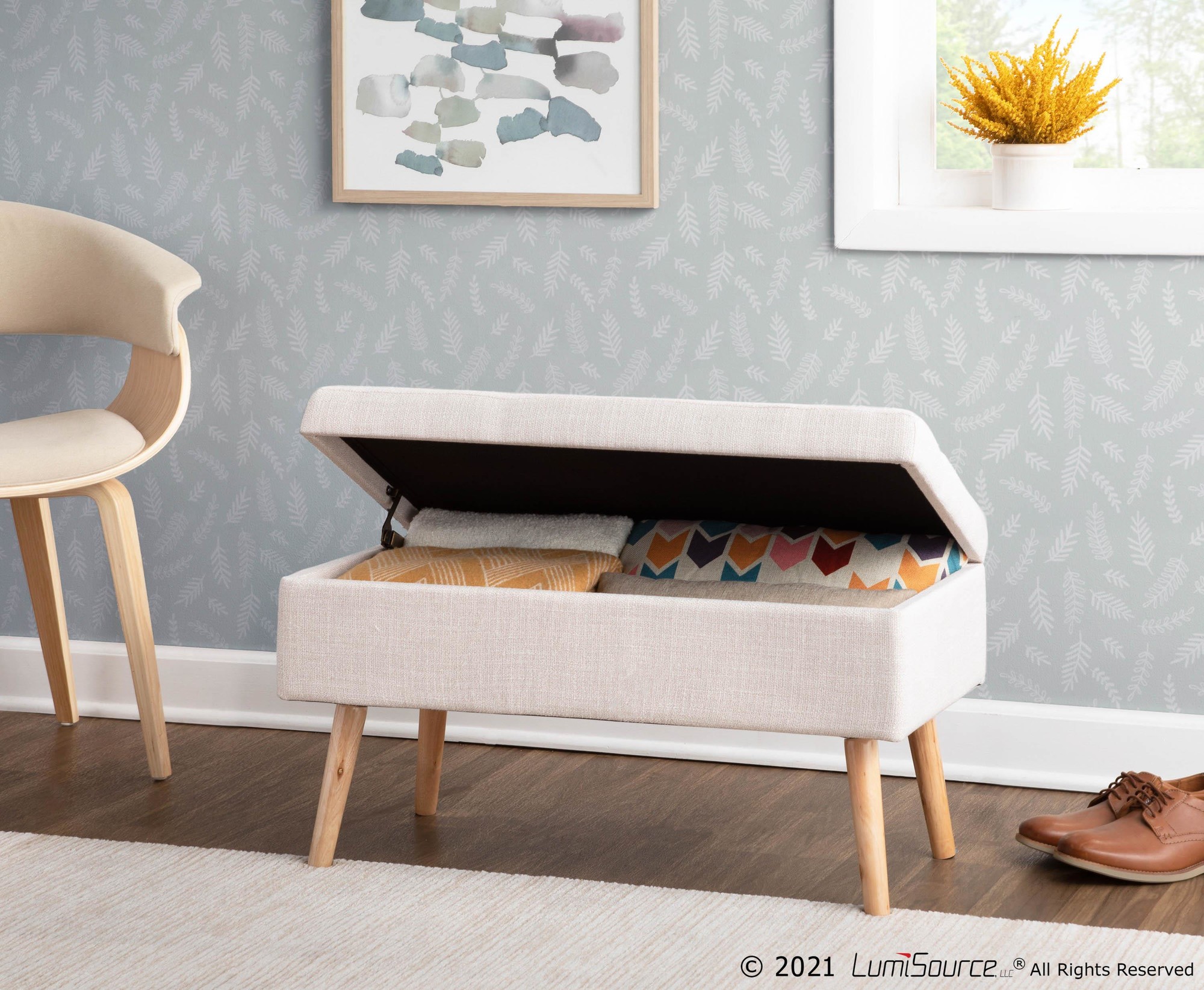 LumiSource Storage Natural Wood Beige Fabric Contemporary Bench 6 LumiSource Storage Natural Wood Beige Fabric Contemporary Bench - Image 6