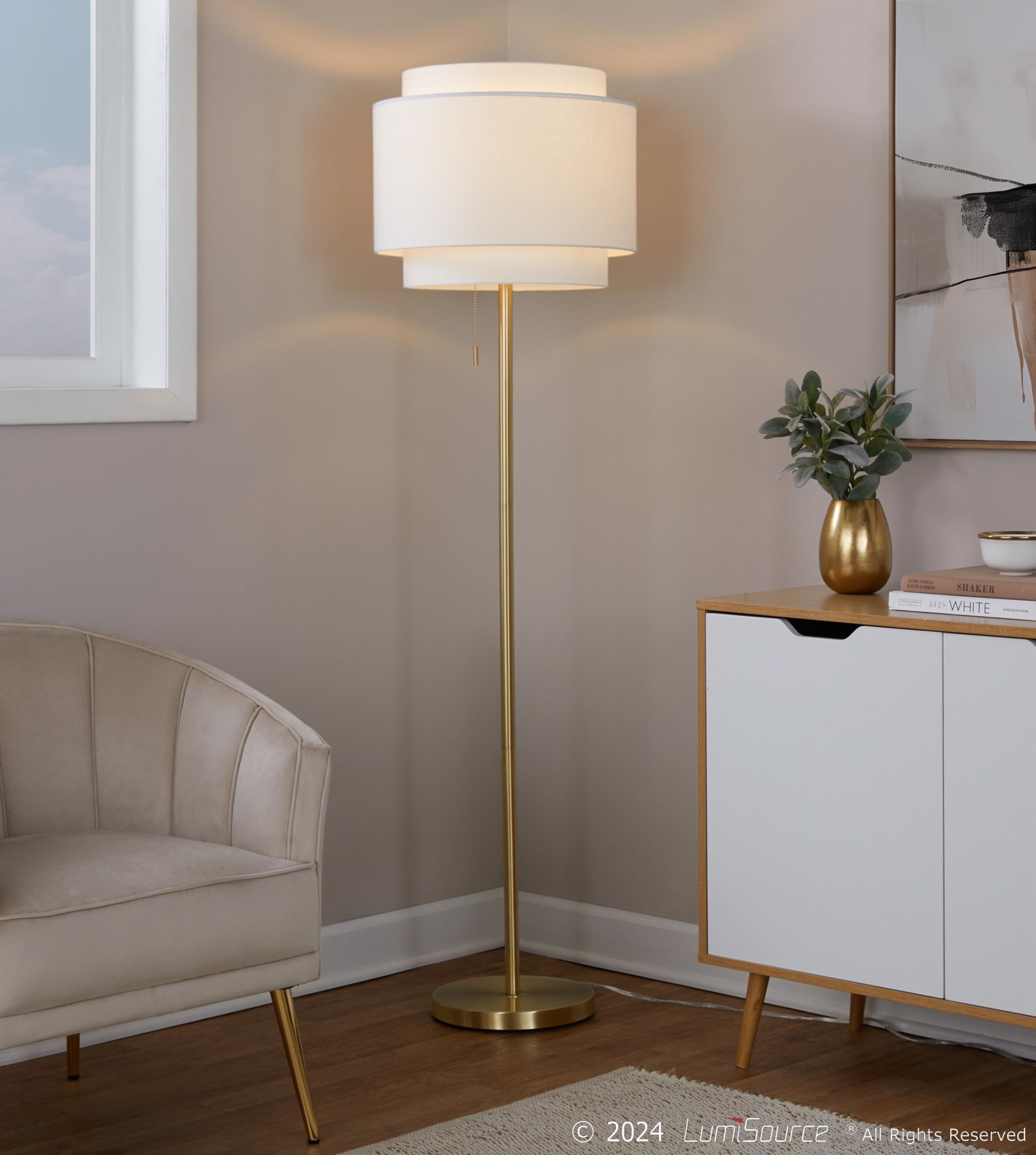 LumiSource Tier Contemporary Gold Metal Linen Shade Floor Lamp 3 LumiSource Tier Contemporary Gold Metal Linen Shade Floor Lamp - Image 3