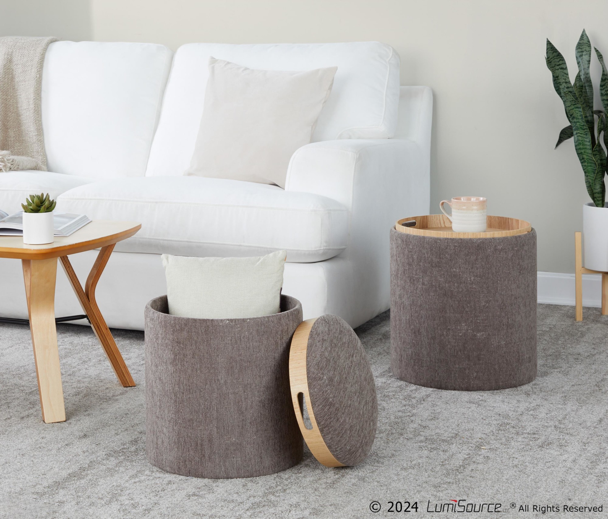 LumiSource Tray Brown Fabric Contemporary Nesting Ottoman Set 2 LumiSource Tray Brown Fabric Contemporary Nesting Ottoman Set - Image 2