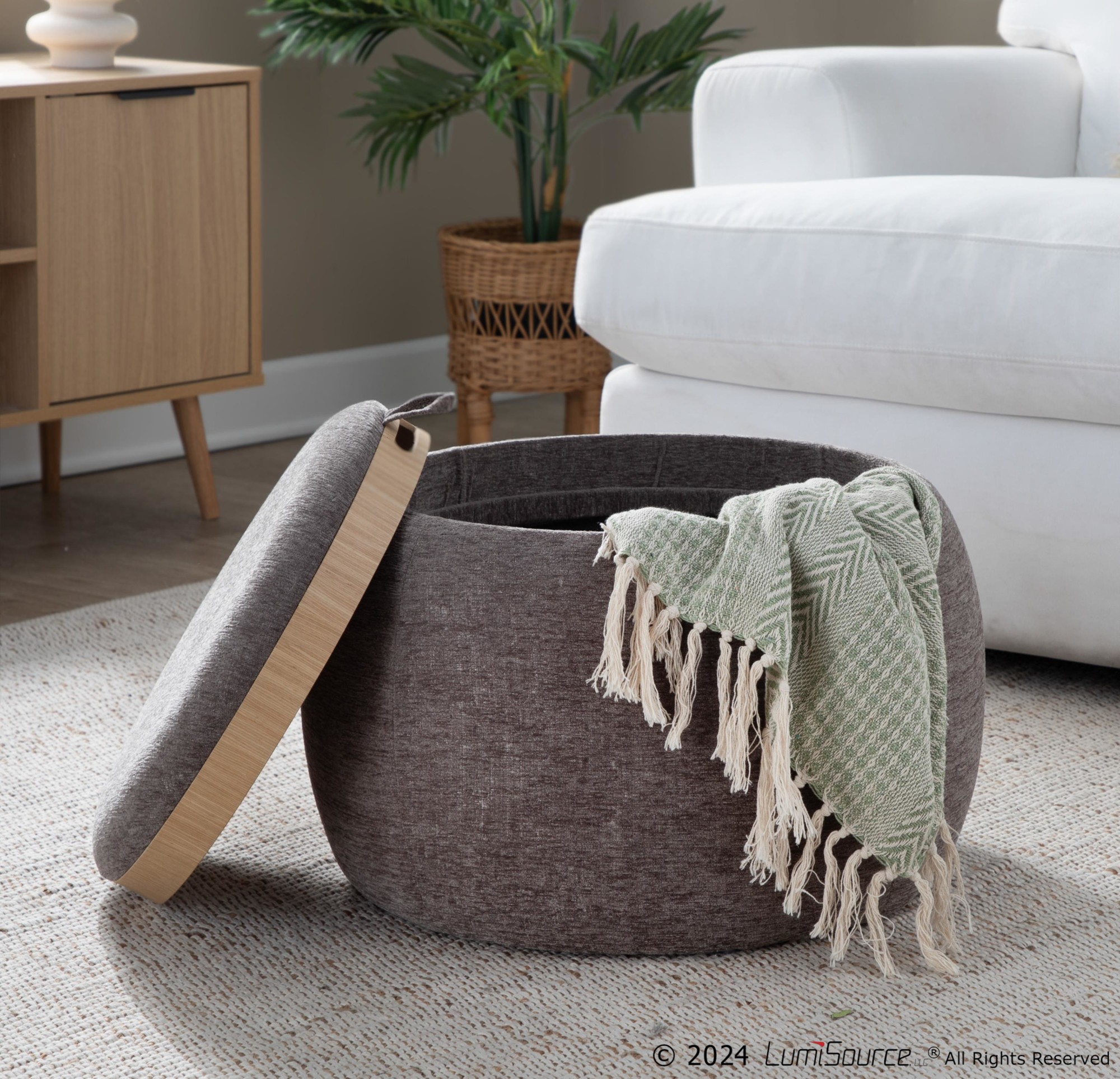 LumiSource Tray Brown Fabric Contemporary Ottoman Natural Wood Storage 2 LumiSource Tray Brown Fabric Contemporary Ottoman Natural Wood Storage - Image 2