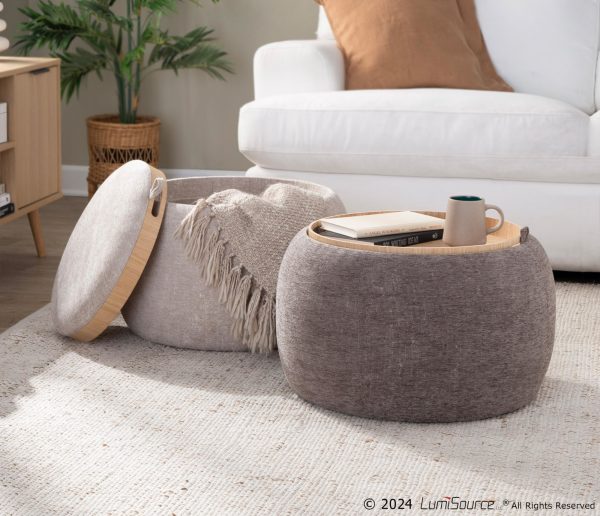 LumiSource Tray Brown Fabric Contemporary Ottoman Natural Wood Storage 4