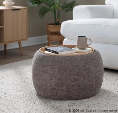 LumiSource Tray Brown Fabric Contemporary Ottoman Natural Wood Storage