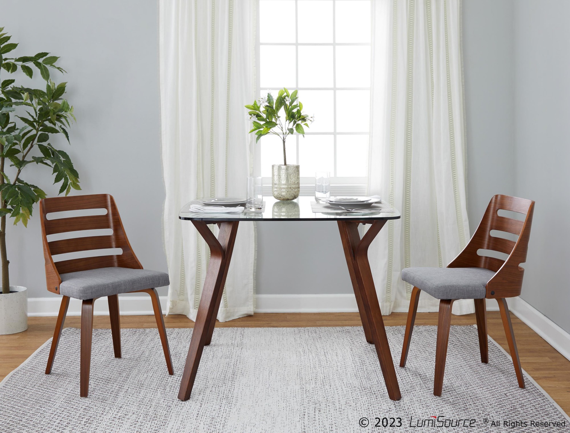LumiSource Trevi Mid-Century Walnut Wood Grey Fabric Chairs (Set of 2) 2 LumiSource Trevi Mid-Century Walnut Wood Grey Fabric Chairs (Set of 2) - Image 2