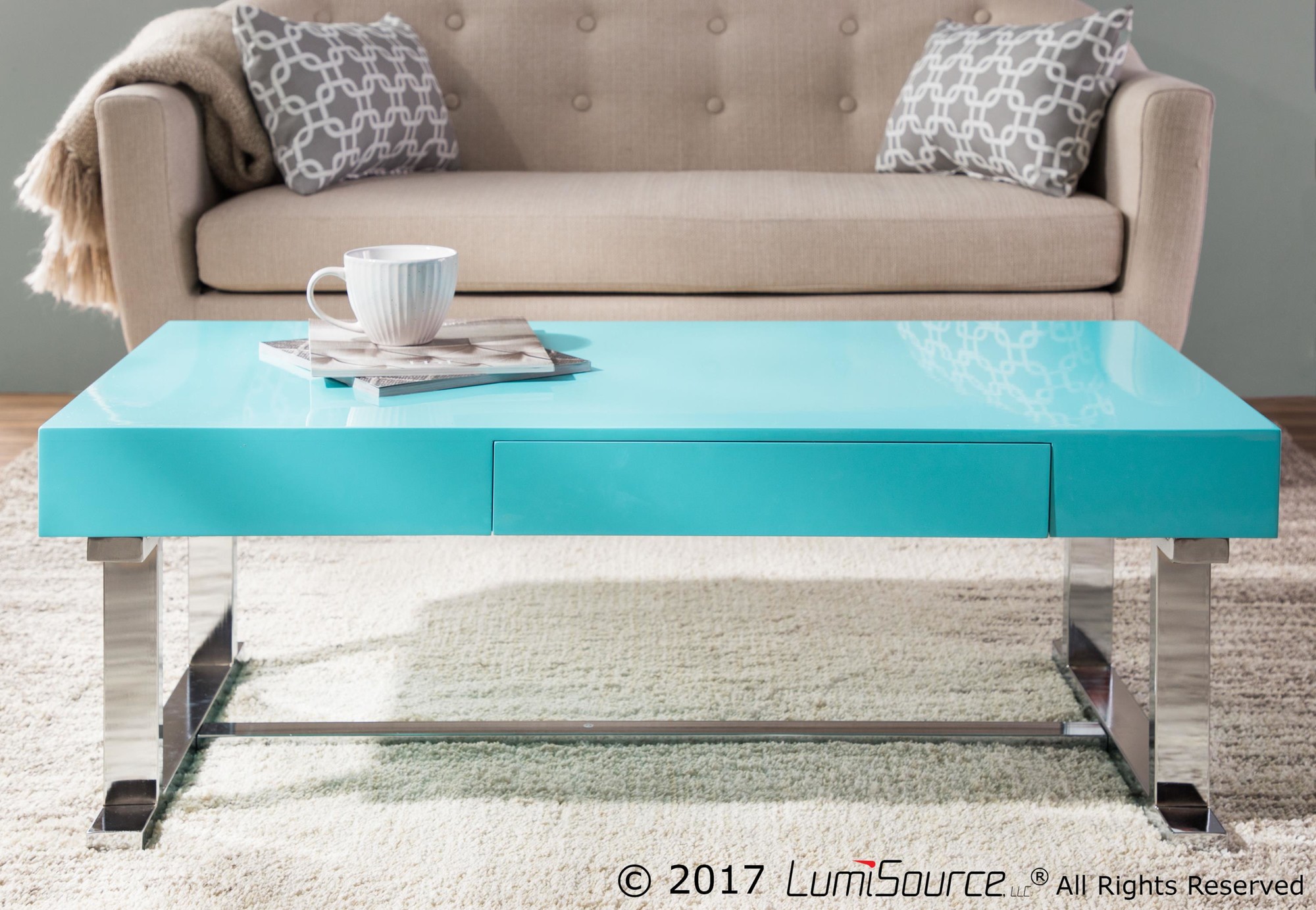 Luster Contemporary Light Blue Gloss Coffee Table with Drawer 2 Luster Contemporary Light Blue Gloss Coffee Table with Drawer - Image 2