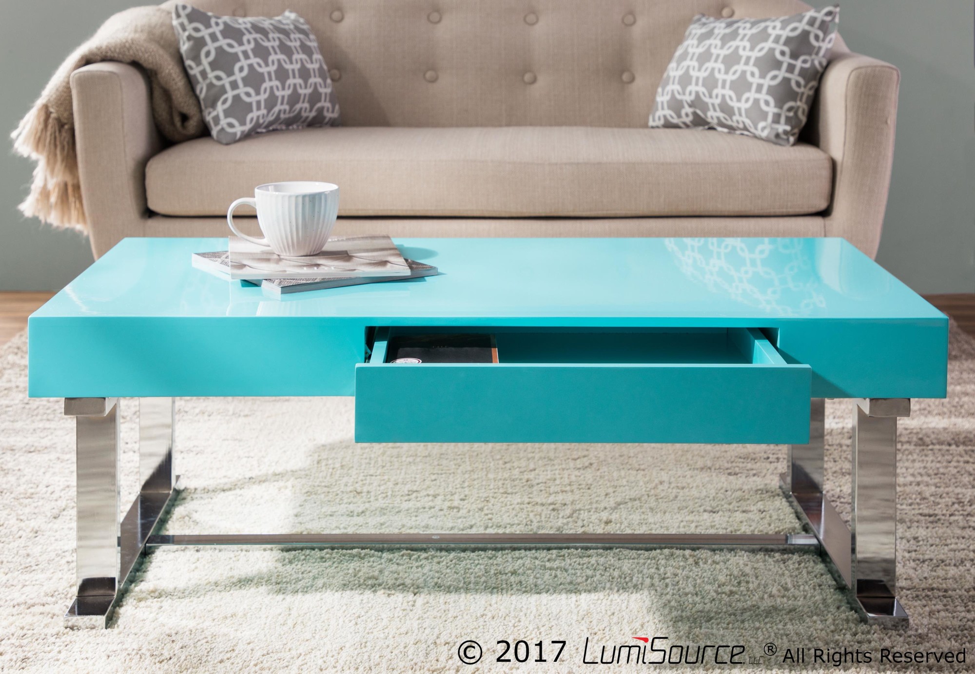 Luster Contemporary Light Blue Gloss Coffee Table with Drawer 1 Luster Contemporary Light Blue Gloss Coffee Table with Drawer
