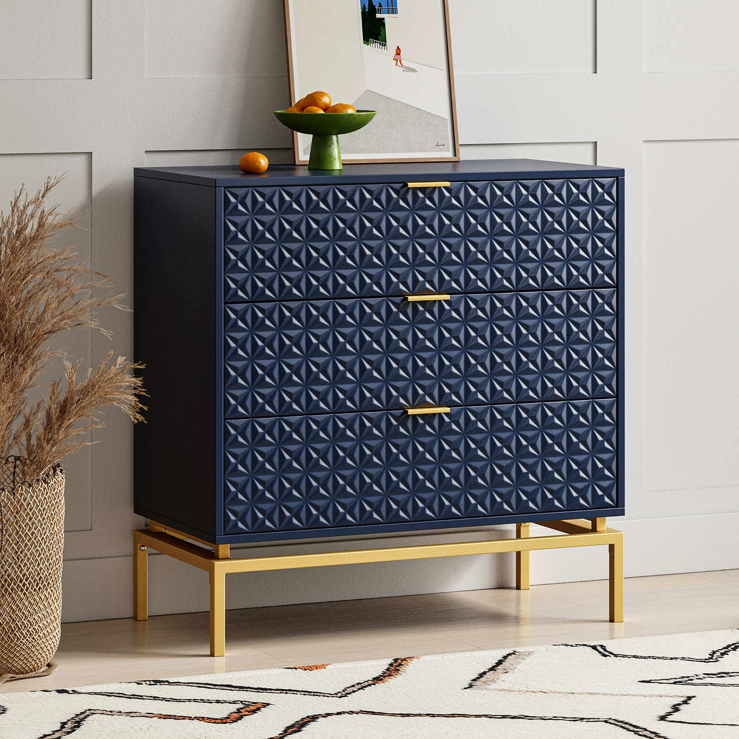 Lydon Navy Mid-Century Embossed 3-Drawer Accent Chest Side Table 1 Lydon Navy Mid-Century Embossed 3-Drawer Accent Chest Side Table