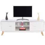 Mid Century White TV Stand with Wood Legs and Storage