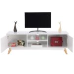 Mid Century White TV Stand with Wood Legs and Storage