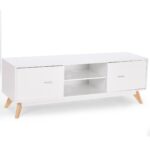 Mid Century White TV Stand with Wood Legs and Storage