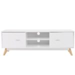 Mid Century White TV Stand with Wood Legs and Storage