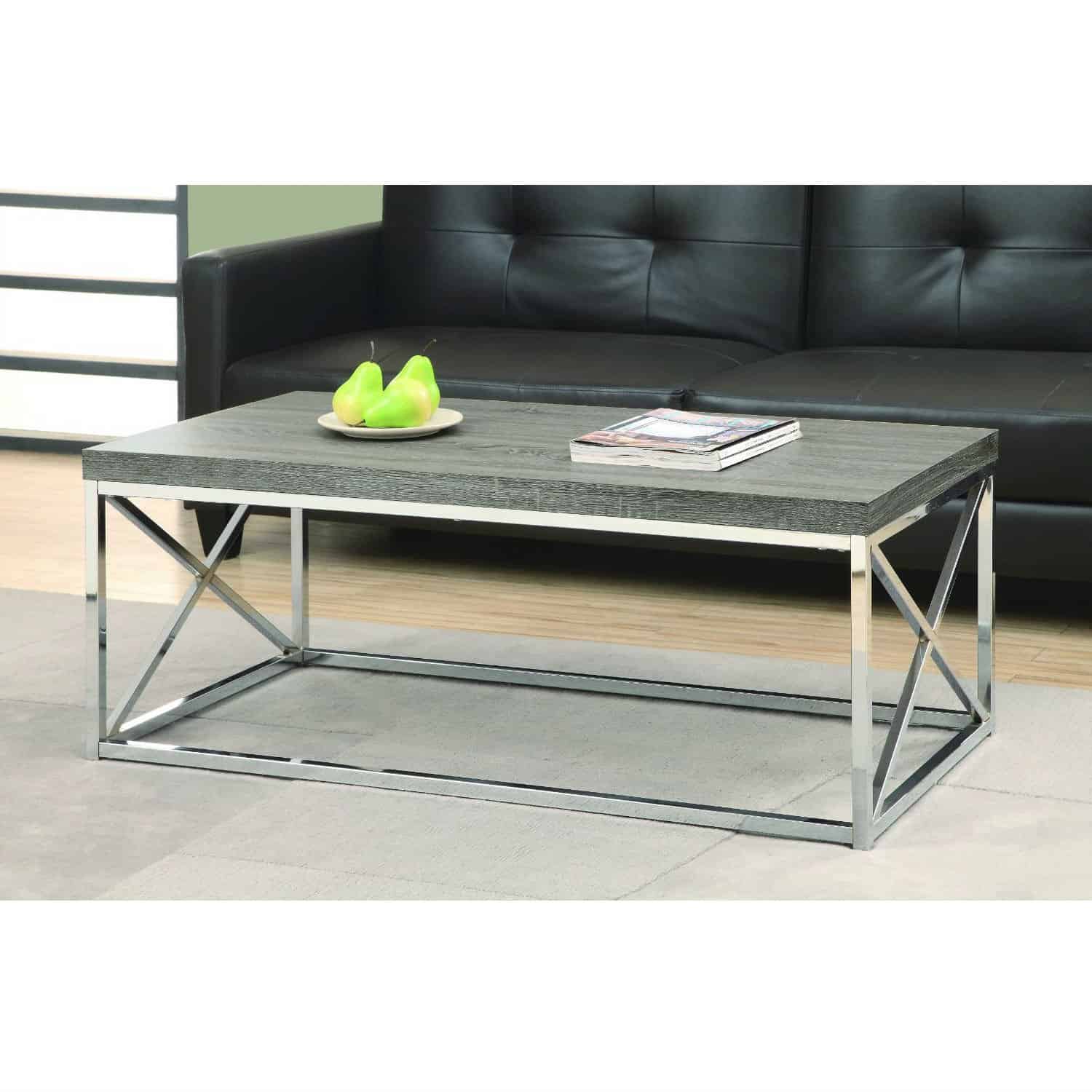 Modern Coffee Table with Chrome Frame and Taupe Wood Top 2 Modern Coffee Table with Chrome Frame and Taupe Wood Top - Image 2