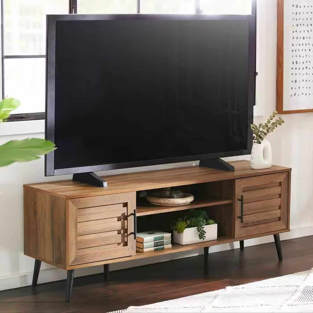 Rustic Wood TV Stand with Mid-Century Legs for 65-Inch TVs 1 Rustic Wood TV Stand with Mid-Century Legs for 65-Inch TVs