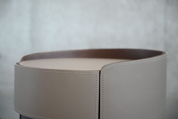 MERC Round Side Table Sand Leather with Soft Close Drawer 3 2