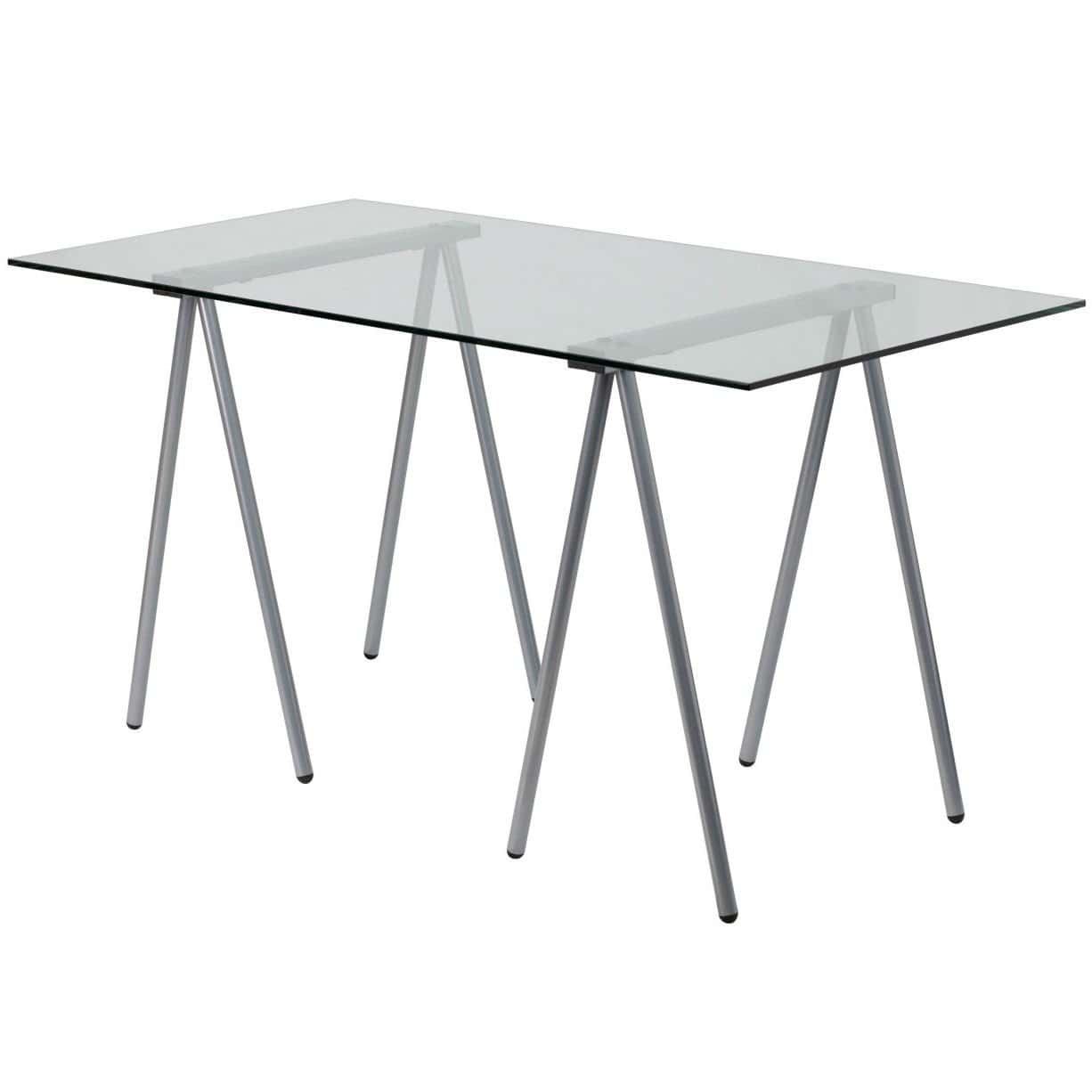 Modern Glass Writing Desk with Clear Top and Metal Legs 1 Modern Glass Writing Desk with Clear Top and Metal Legs
