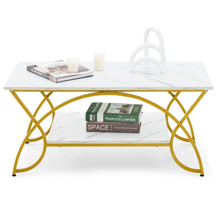 Modern White Faux Marble Coffee Table with Gold Curved Legs 1 Modern White Faux Marble Coffee Table with Gold Curved Legs