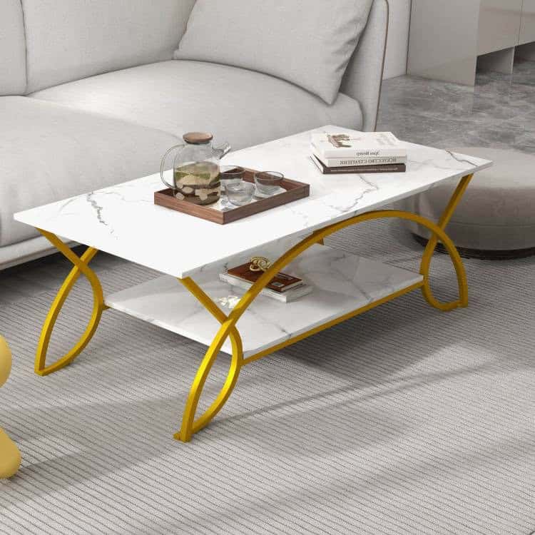 Modern White Faux Marble Coffee Table with Gold Curved Legs 2 Modern White Faux Marble Coffee Table with Gold Curved Legs - Image 2