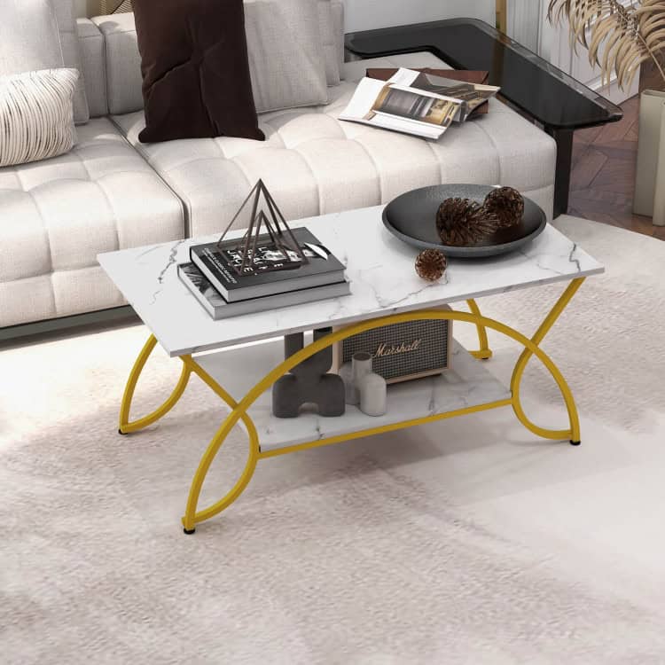 Modern White Faux Marble Coffee Table with Gold Curved Legs 3 Modern White Faux Marble Coffee Table with Gold Curved Legs - Image 3
