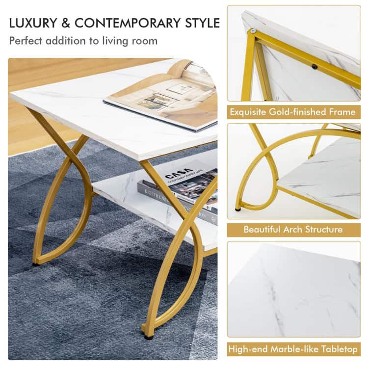 Modern White Faux Marble Coffee Table with Gold Curved Legs 4 Modern White Faux Marble Coffee Table with Gold Curved Legs - Image 4