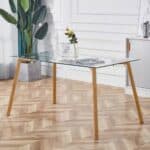Modern Glass Top Dining Table with Wood-Look Metal Legs