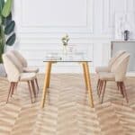 Modern Glass Top Dining Table with Wood-Look Metal Legs