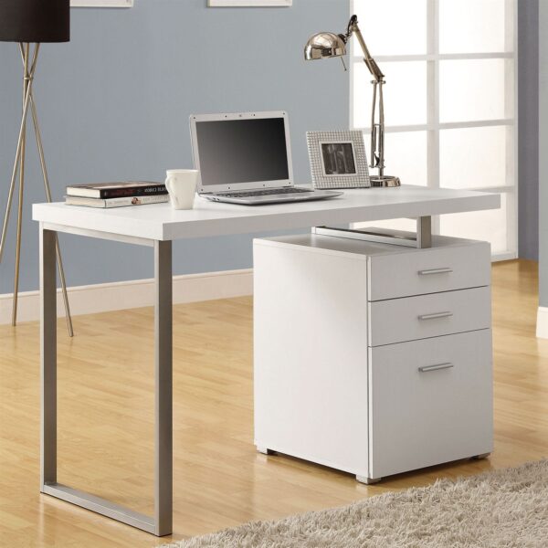 Modern White Office Desk with File Drawers and Steel Frame