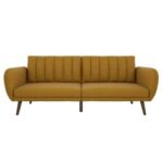 Mustard Linen Futon Sofa Bed with Mid-Century Wooden Legs