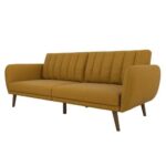 Mustard Linen Futon Sofa Bed with Mid-Century Wooden Legs