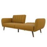 Mustard Linen Futon Sofa Bed with Mid-Century Wooden Legs
