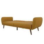 Mustard Linen Futon Sofa Bed with Mid-Century Wooden Legs