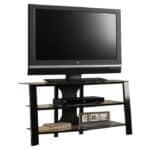 Modern Black Metal TV Stand with Clear Glass Shelves 3 Modern Black Metal TV Stand with Clear Glass Shelves