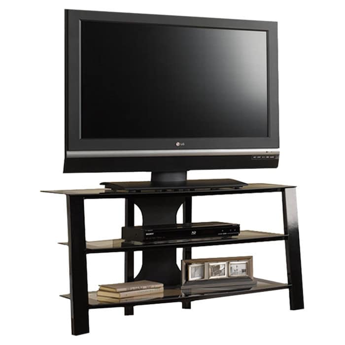 Modern Black Metal TV Stand with Clear Glass Shelves 1 Modern Black Metal TV Stand with Clear Glass Shelves