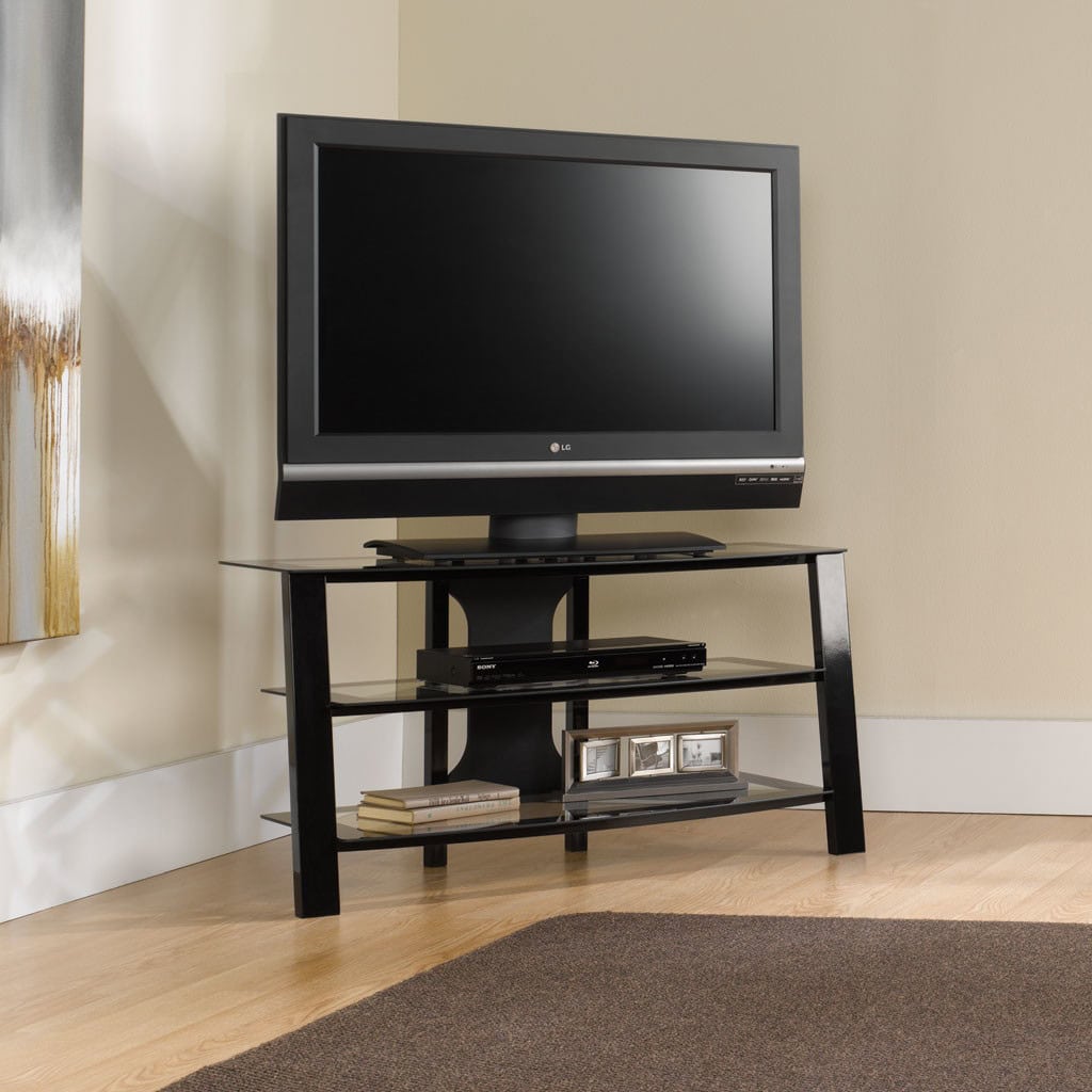 Modern Black Metal TV Stand with Clear Glass Shelves 2 Modern Black Metal TV Stand with Clear Glass Shelves - Image 2