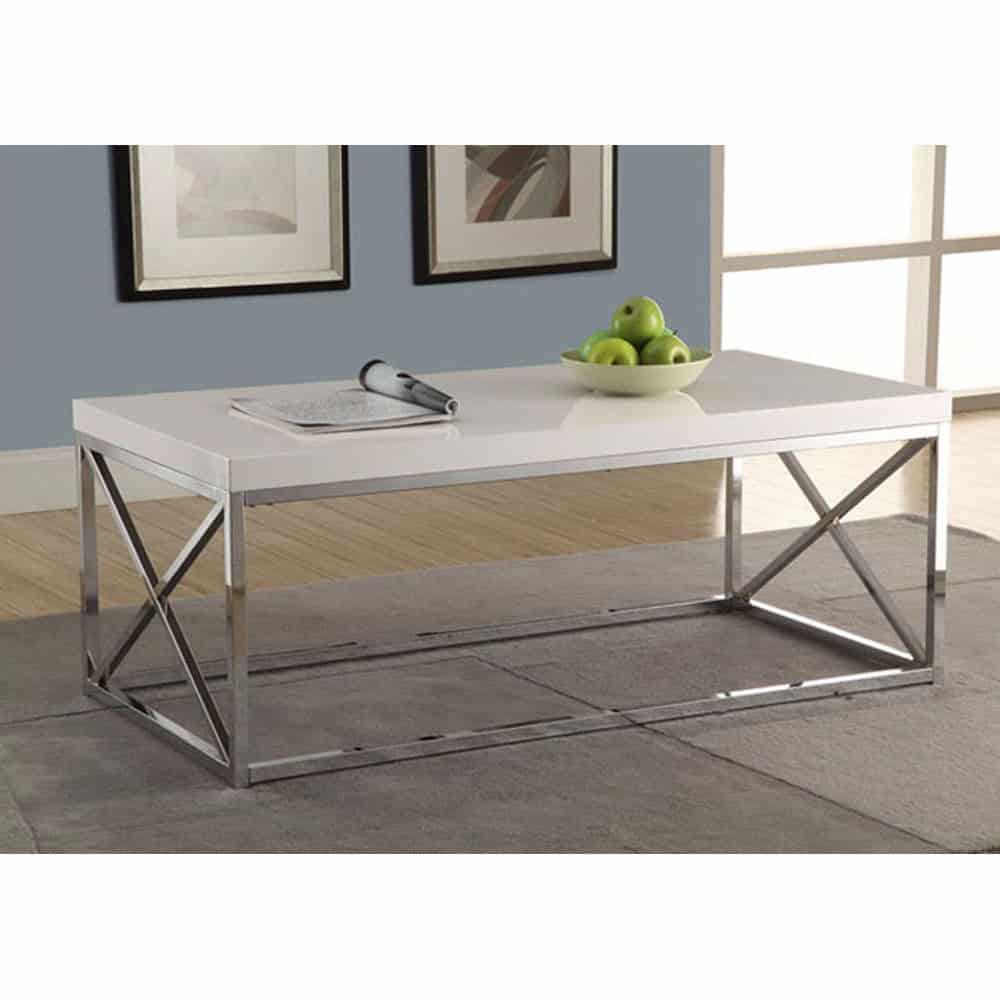 Glossy White Coffee Table with Chrome Metal Frame 1 Glossy White Coffee Table with Chrome Metal Frame
