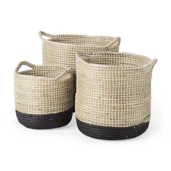 Maddie 13.8L x 13.8W X 15.0H Set of 3 Light Brown WBlack Dipped Seagrass Round Basket W Handle