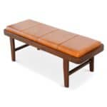 Tan Leather Mid-Century Modern Upholstered Bench with Wood Legs 8 Tan Leather Mid-Century Modern Upholstered Bench with Wood Legs