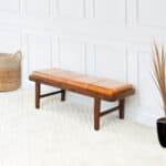Tan Leather Mid-Century Modern Upholstered Bench with Wood Legs 10 Tan Leather Mid-Century Modern Upholstered Bench with Wood Legs
