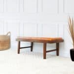 Tan Leather Mid-Century Modern Upholstered Bench with Wood Legs 11 Tan Leather Mid-Century Modern Upholstered Bench with Wood Legs