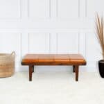 Tan Leather Mid-Century Modern Upholstered Bench with Wood Legs 9 Tan Leather Mid-Century Modern Upholstered Bench with Wood Legs