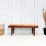 Tan Leather Mid-Century Modern Upholstered Bench with Wood Legs 12 Tan Leather Mid-Century Modern Upholstered Bench with Wood Legs