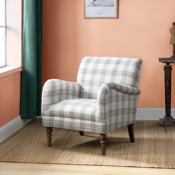 Malia Tan Plaid Glam Accent Armchair with Carved Legs