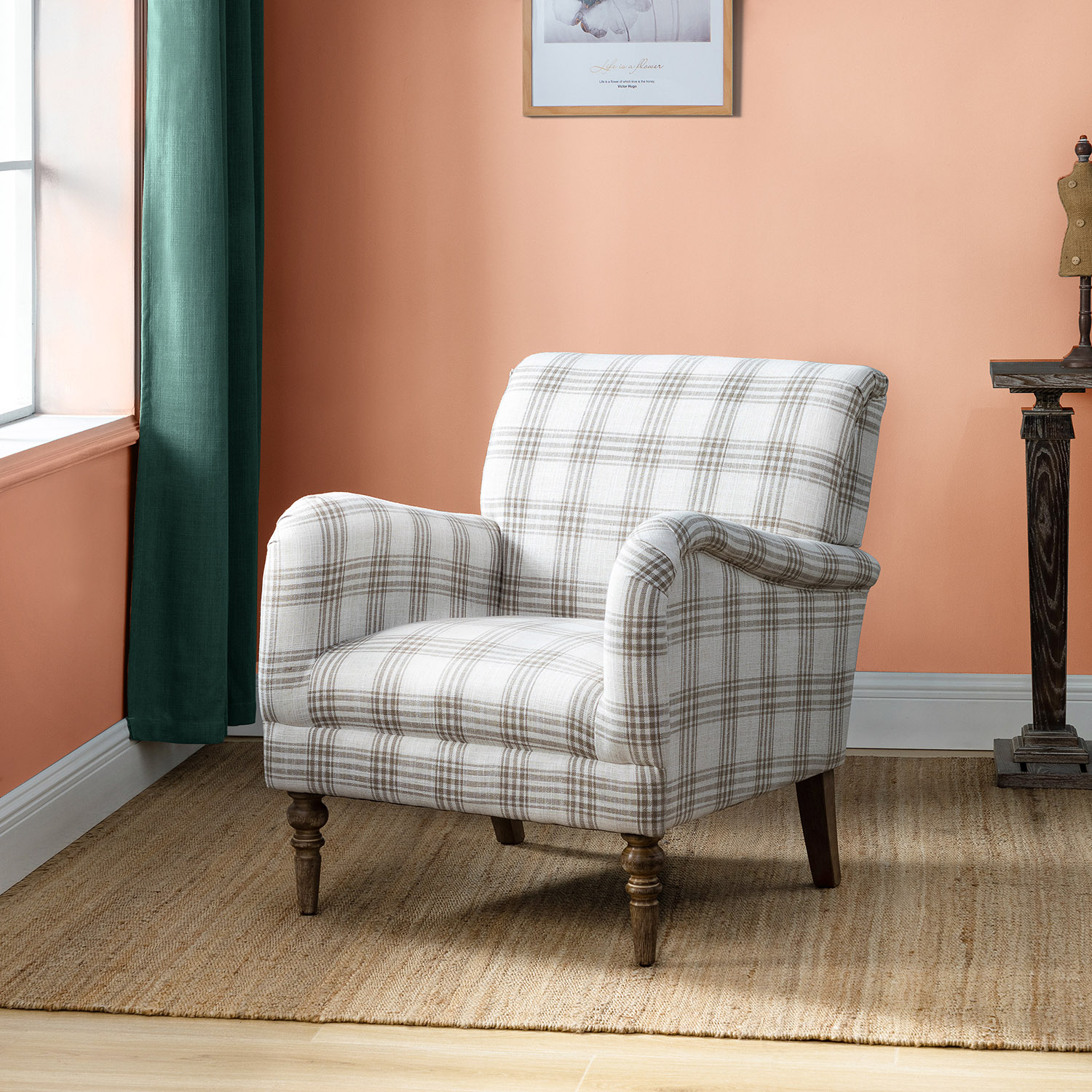 Malia Tan Plaid Glam Accent Armchair with Carved Legs 1 Malia Tan Plaid Glam Accent Armchair with Carved Legs