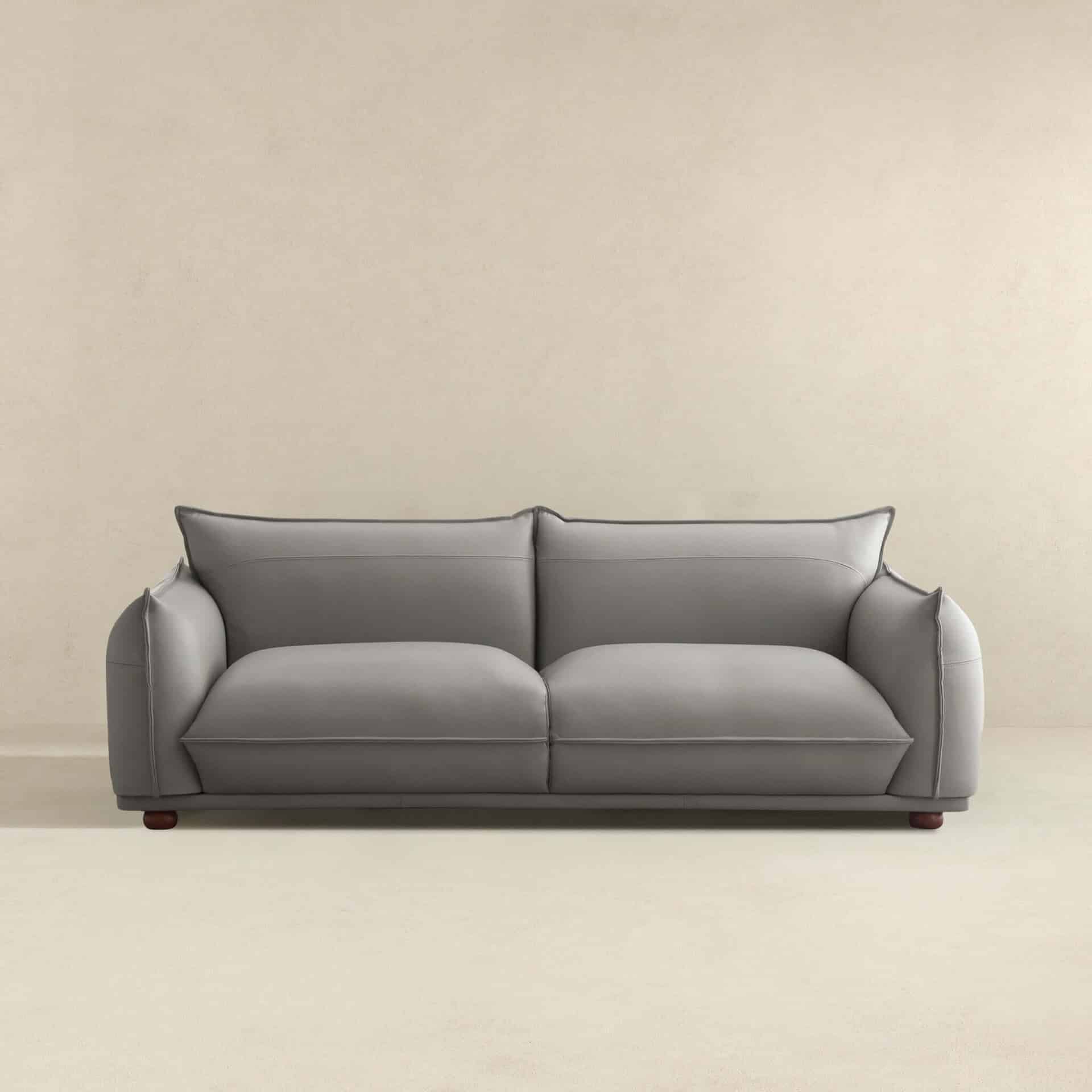 Grey Leather Tufted Sofa with Walnut Legs (Seats 3) 10 Grey Leather Tufted Sofa with Walnut Legs (Seats 3)