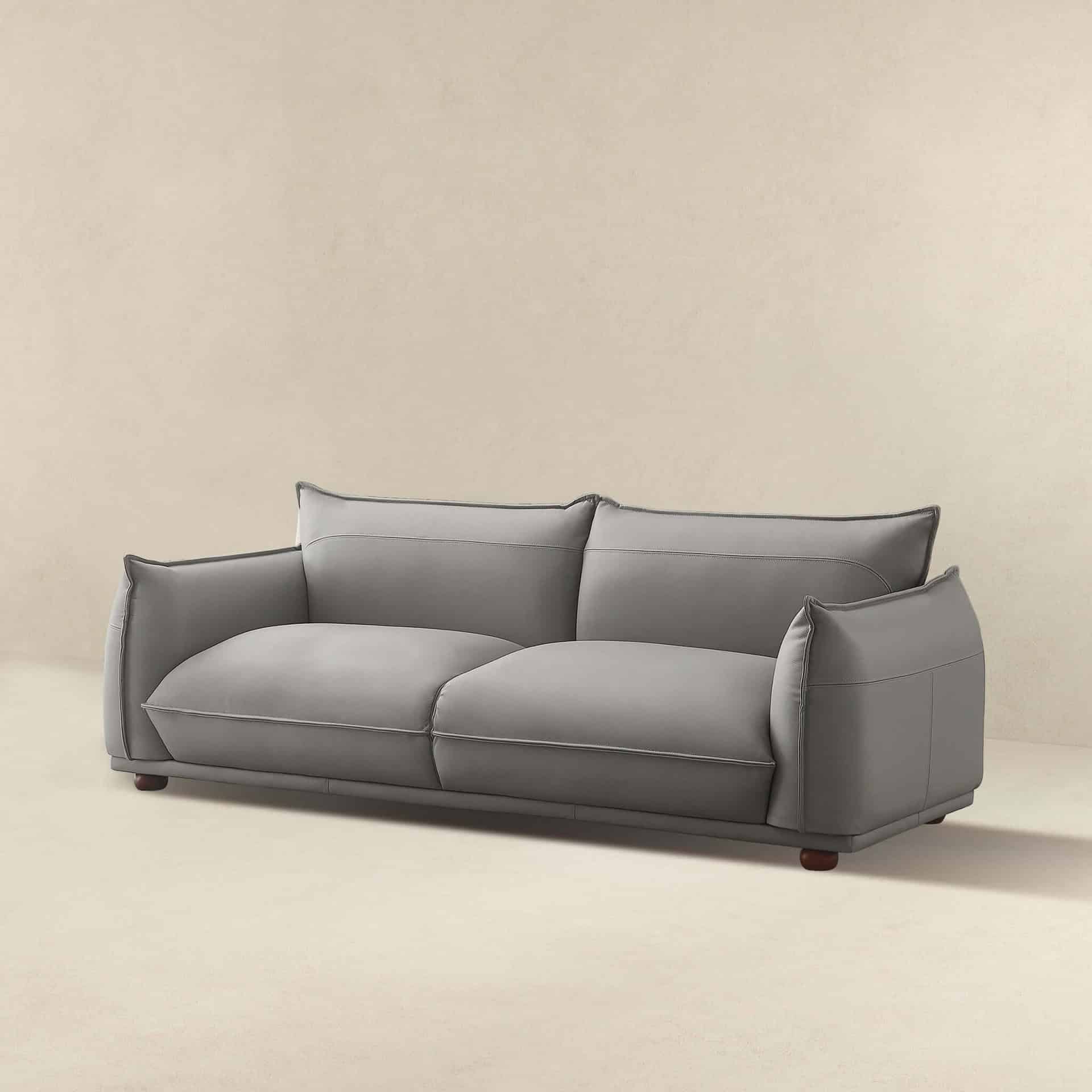 Grey Leather Tufted Sofa with Walnut Legs (Seats 3) 11 Grey Leather Tufted Sofa with Walnut Legs (Seats 3)