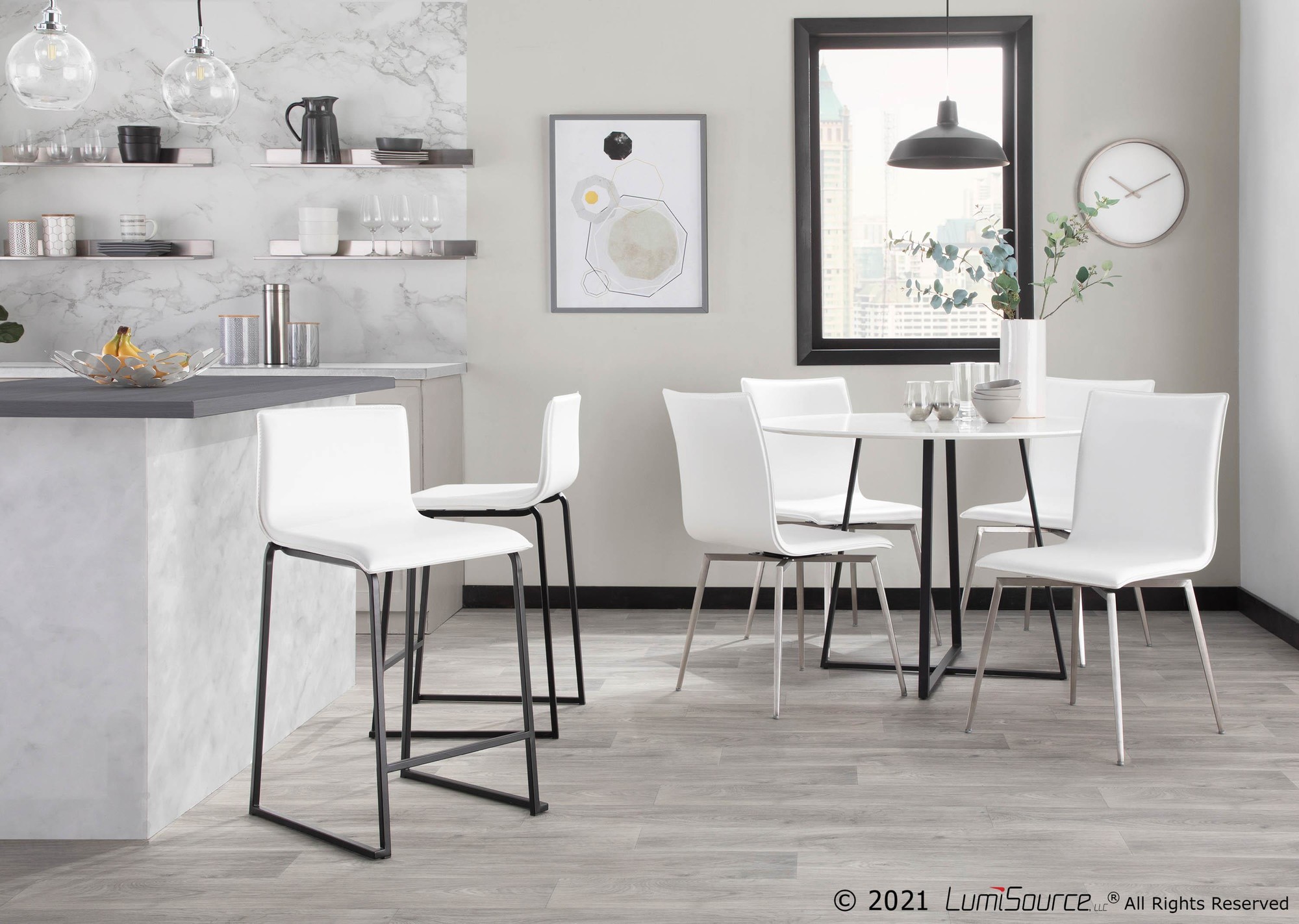 Mara 26" Contemporary Black Metal White Faux Leather Counter Stools (Set of 2) 2 Mara 26" Contemporary Black Metal White Faux Leather Counter Stools (Set of 2) - Image 2